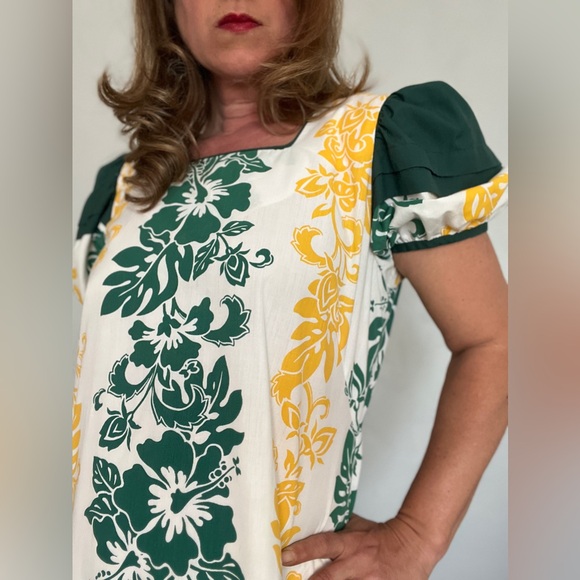 Vintage Lolenani Hawaiian Green Yellow White Floral Botantical Muumuu Dress Sz M - Picture 6 of 11